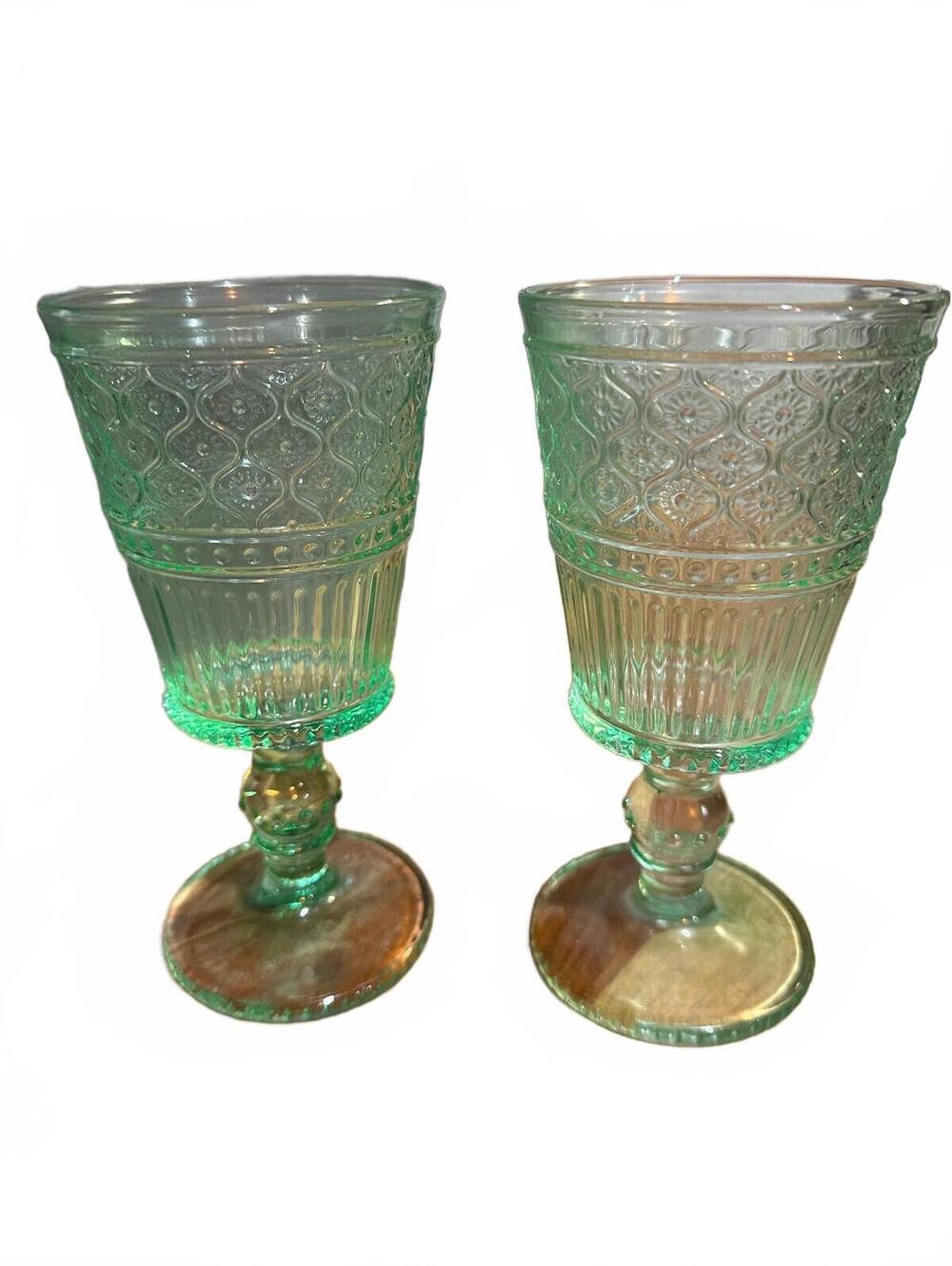 Indiana Glass Diamond Point Green Goblets Set of 2